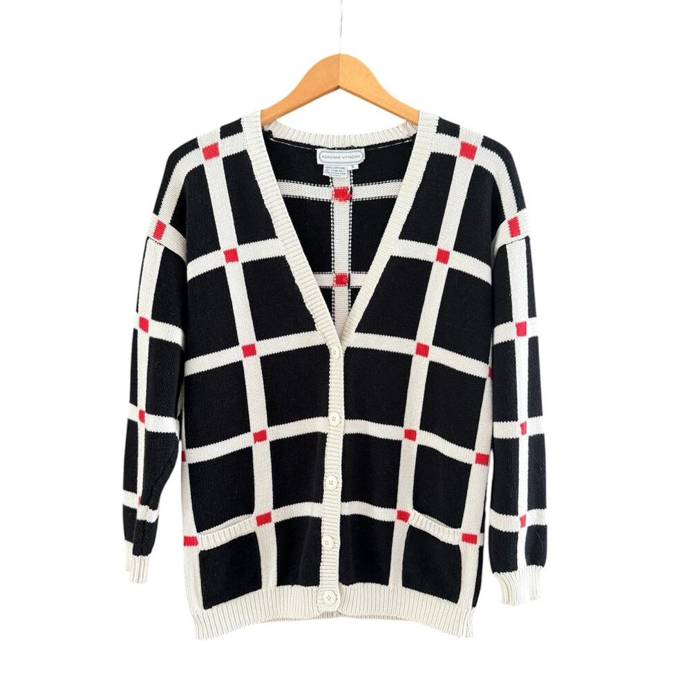 Vintage Adrienne Vittadini Knit Cardigan Grid Pattern Size Small Black White Red